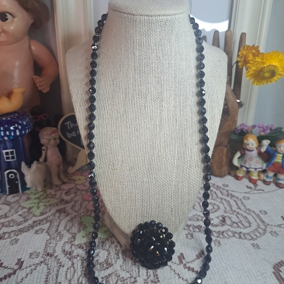 Jewelry - Vintage Black Faceted Glass Bead Necklace with Floral Cluster Pendant SET